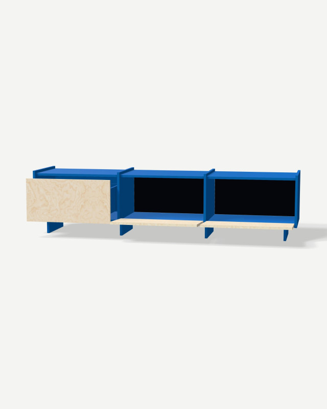 TV unit in Niebieski fajansowy with drawers and a flap front – made to measure