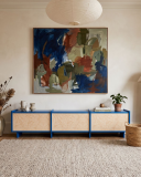 TV unit in Niebieski fajansowy with drawers and a flap front – made to measure