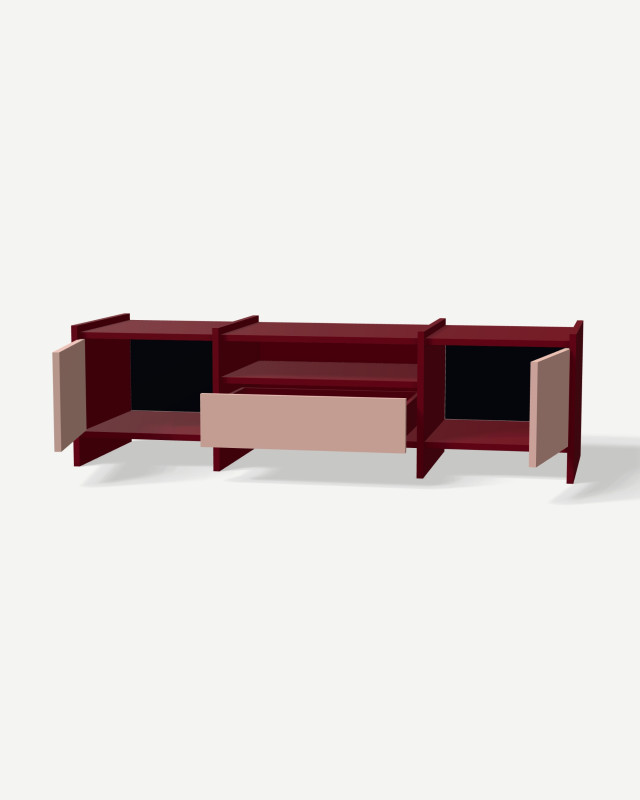 TV unit in Burgund with drawers and doors – made to measure
